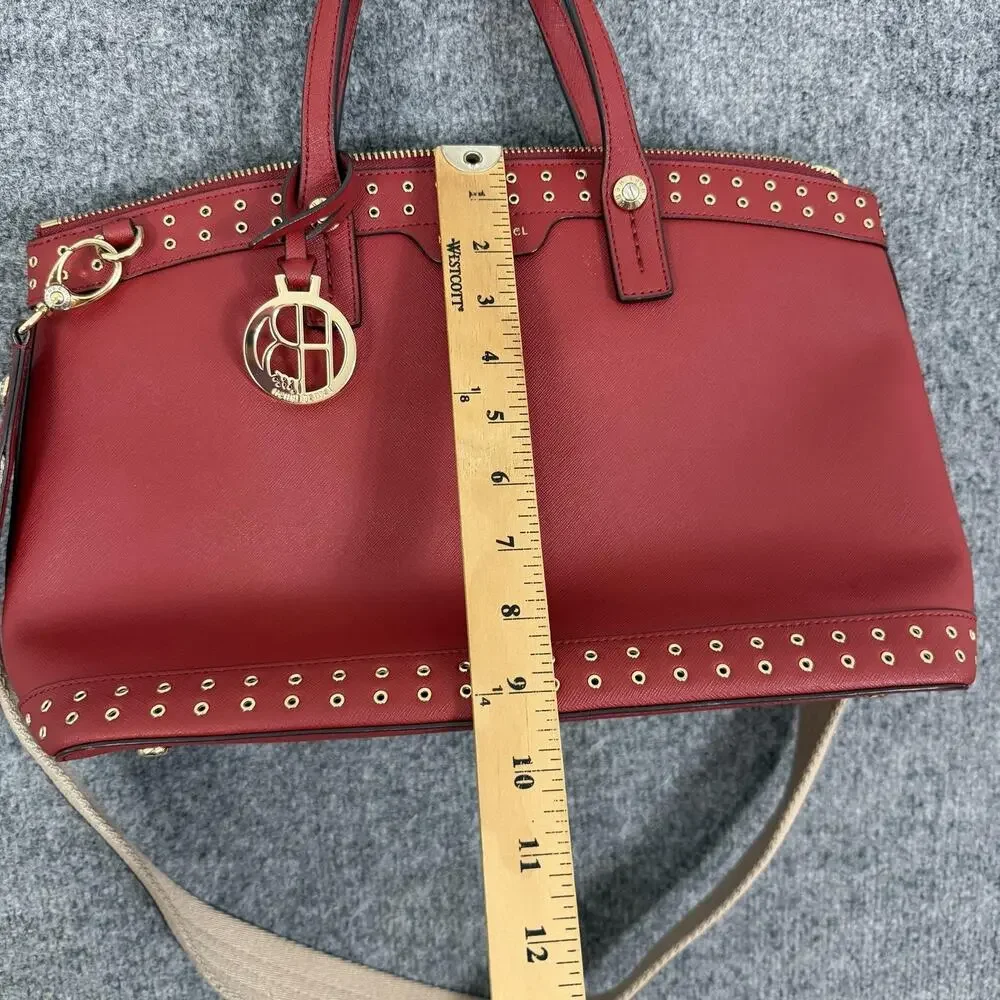 Henri Bendel West 57th Saffiano Leather Crossbody Satchel Bag in Red Studded